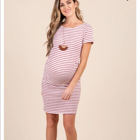 pink and white striped maternity dress Pinkblush Maternity Pink Striped Terry Knit Sleeveless Midi Dress